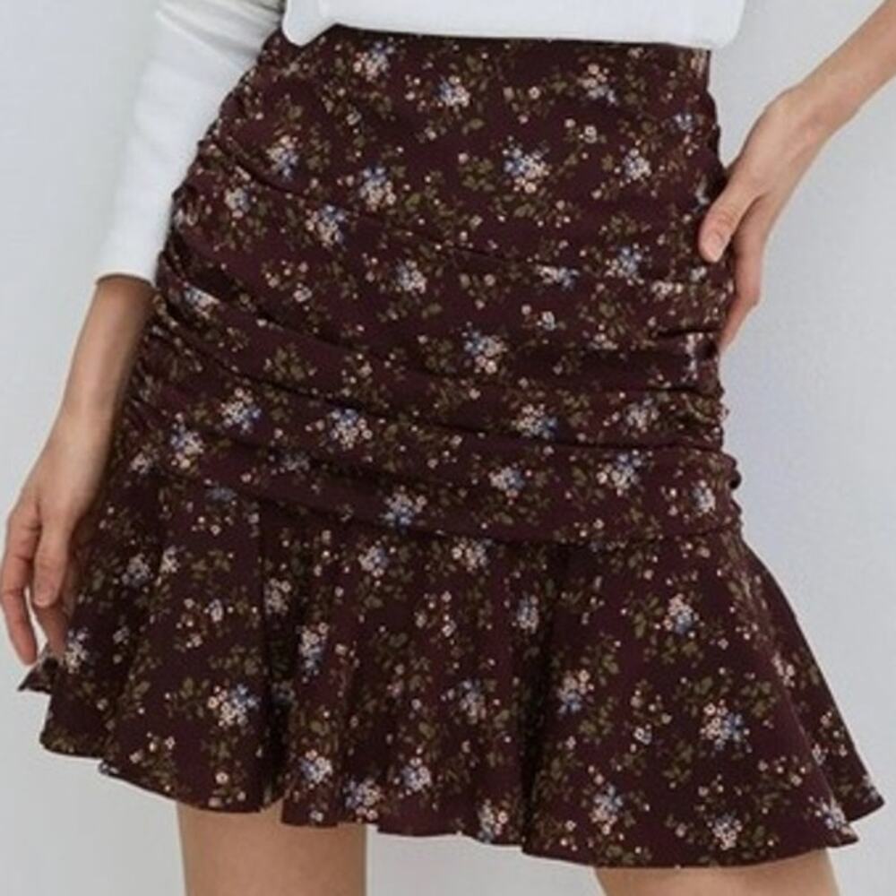 NEW Veronica Beard Merlot Multi Floral Print Taras Silk Ruched Mini Skirt Size 4